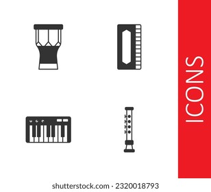 Set Flute, African percussion drum, Music synthesizer and Harmonica icon. Vector