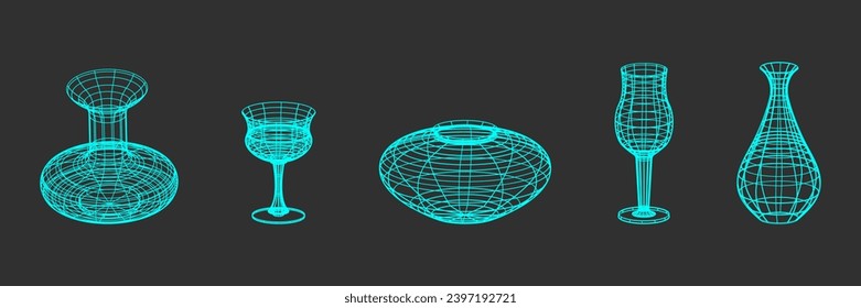 Set of flutes, glasses and vases made of wire frame shapes. Trendy turquoise color on dark background linear retro design elements. 3D. Y2k . Vector illustration for social media or posters.