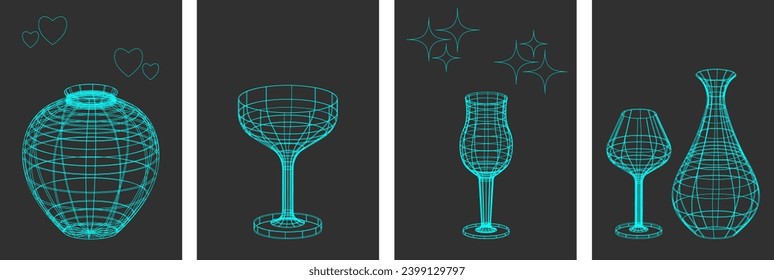 Set of flutes, glasses and vases made of wire frame pieces. Linear elements of retro design. 3D. Y2k . Vector illustration for social media or posters.