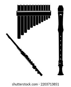 Set Of Flutes Silhouette, Western Concert, Recorder And Pan Flute Wood Wind Musical Instrument Vector