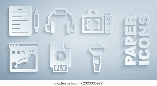 Set FLV file document, Photo camera, Histogram graph photography, Microphone, Headphones and Scenario icon. Vector