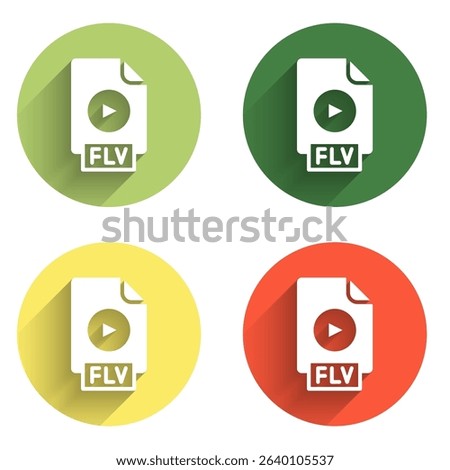 Set FLV file document video file format. Download flv button icon isolated with long shadow background. FLV file symbol. Color circle button. Vector