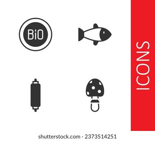 Set Fly agaric mushroom, Banner for bio, Rolling pin and Fish icon. Vector
