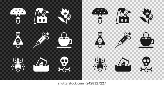 Set Fly agaric mushroom, Smoke from factory, Poison flower, Poisonous spider, Radioactive waste in barrel, Bones and skull, Bottle with potion and Syringe icon. Vector