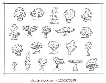 Set of fly agaric mushrooms. Black and white outline cartoon illustration, vector isolated on white