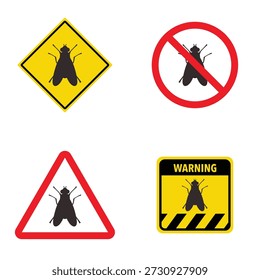 Conjunto de señal de tráfico de cruce de mosca. Ilustración vectorial de la señal de advertencia del triángulo amarillo y de la señal de advertencia del círculo blanco con el icono de la mosca dentro. Es probable que los animales silvestres del bosque estén en el camino por delante.
