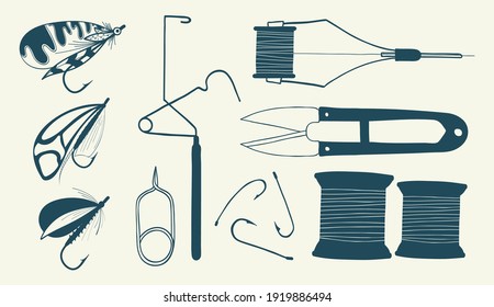 Set of fly fishing tools. Fly tying tool kit. Feather Flies for Fishing. Hand drawn vector stock illustration.