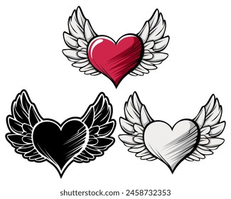 set fly hearts angel icon love tattoo design vector illustration