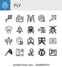 Set of fly icons such as Bed bug, Kite, Map, Drone, Earth, Balloon, Spaceship, Pheidole, Helicopter, Cockroach, Globe, Angel, Butterfly, Bug, Butterfly net, Oxygen mask , fly
