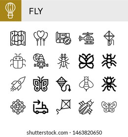 Set of fly icons such as Hot air balloon, Map, Balloon, Helicopter, Kite, Bug, Spaceship, Beetle, Butterfly, Ant, Rocket, Bee, Pheidole, Earth, Sending , fly