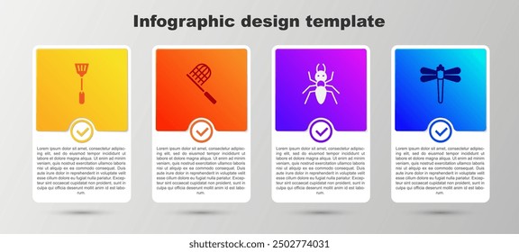 Set Fly swatter, Butterfly net, Ant and Dragonfly. Business infographic template. Vector