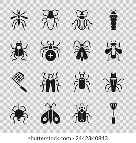 Set Fly swatter, Termite, Insect fly, Chafer beetle, Spider, Beetle bug, Mosquito and Clothes moth icon. Vector