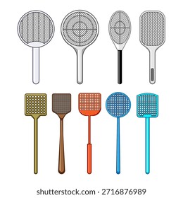 Conjunto de matamoscas y cazadores de insectos eléctricos sobre fondo blanco, herramientas manuales y eléctricas de control de insectos surtidas para la prevención de plagas en el hogar, la higiene y la defensa contra mosquitos de verano
