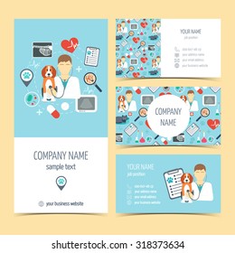 Set of flyer, brochure and business cards for vet clinic. Pet care. Set of promotional products. Flat design. Vector illustration