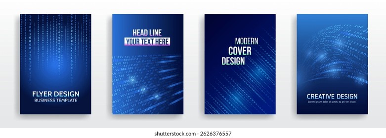 Conjunto de modelos de capa de folheto e folheto com fundo de código binário digital abstrato. Desenhos futuristas azuis com uns e zeros brilhantes. Adequado para segurança cibernética, tópicos de programação.