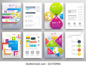 Conjunto de plantillas de diseño de folleto y folleto. Antecedentes geométricos triangulares Resumen moderno. Tecnologías móviles, aplicaciones y servicios en línea Concepto Infográfico.