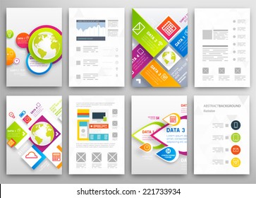 Conjunto de plantillas de diseño de folleto y folleto. Antecedentes geométricos triangulares Resumen moderno. Tecnologías móviles, aplicaciones y servicios en línea Concepto Infográfico.