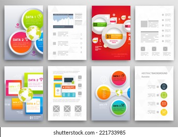 Conjunto de plantillas de diseño de folleto y folleto. Antecedentes geométricos triangulares Resumen moderno. Tecnologías móviles, aplicaciones y servicios en línea Concepto Infográfico.