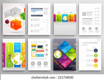 Conjunto de plantillas de diseño de folleto y folleto. Antecedentes geométricos triangulares Resumen moderno. Tecnologías móviles, aplicaciones y servicios en línea Concepto Infográfico.