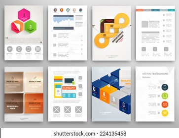 Set von Flyer, Broschüren Design-Vorlagen. Geometrische, dreieckige, abstrakte, moderne Hintergründe. Infografisches Konzept für Mobiltechnologie, Anwendungen und Online-Dienste. 