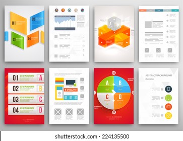 Set von Flyer, Broschüren Design-Vorlagen. Geometrische, dreieckige, abstrakte, moderne Hintergründe. Infografisches Konzept für Mobiltechnologie, Anwendungen und Online-Dienste. 