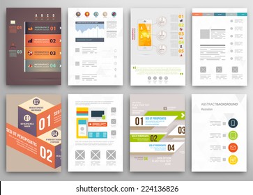 Conjunto de plantillas de diseño de folleto y folleto. Antecedentes geométricos triangulares abstractos modernos. Tecnologías móviles, aplicaciones y servicios en línea Concepto Infográfico. 