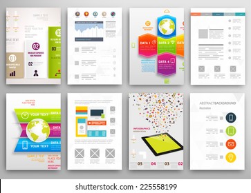  Conjunto de plantillas de diseño de folleto y folleto. Antecedentes geométricos triangulares abstractos modernos. Tecnologías móviles, aplicaciones y servicios en línea Concepto Infográfico.