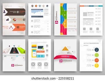 Conjunto de plantillas de diseño de folleto y folleto. Antecedentes geométricos triangulares Resumen moderno. Tecnologías móviles, aplicaciones y servicios en línea Concepto Infográfico.