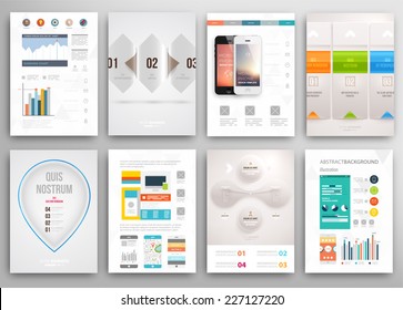 Conjunto de plantillas de diseño de folleto y folleto. Antecedentes geométricos triangulares Resumen moderno. Tecnologías móviles, aplicaciones y servicios en línea Concepto Infográfico.