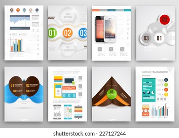 Set von Flyer, Broschüren Design-Vorlagen. Geometrische, dreieckige, abstrakte, moderne Hintergründe. Infografisches Konzept für Mobiltechnologie, Anwendungen und Online-Dienste.