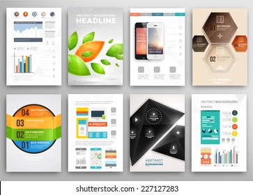 Set von Flyer, Broschüren Design Vorlagen. Geometrische, dreieckige, abstrakte moderne Hintergründe. Infografisches Konzept für Mobiltechnologie, Anwendungen und Online-Dienste.