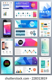 Conjunto de plantillas de diseño de folleto y folleto. Antecedentes geométricos triangulares Resumen moderno. Tecnologías móviles, aplicaciones y servicios en línea Concepto Infográfico.