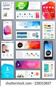 Conjunto de plantillas de diseño de folleto y folleto. Antecedentes geométricos triangulares Resumen moderno. Tecnologías móviles, aplicaciones y servicios en línea Concepto Infográfico.