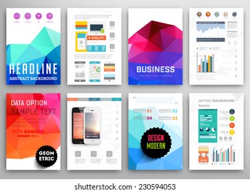 Set of Flyer, Brochure Design Templates. Geometric Triangular Abstract Modern Backgrounds. Mobile Technologies, Applications and Online Services Infographic Concept