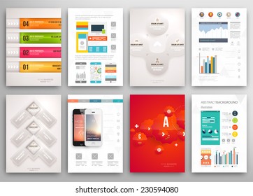 Ensemble de prospectus, modèles de conception de brochures. Arrière-plans géométriques triangulaires Abstraits Modernes. Concept infographique des technologies mobiles, des applications et des services en ligne