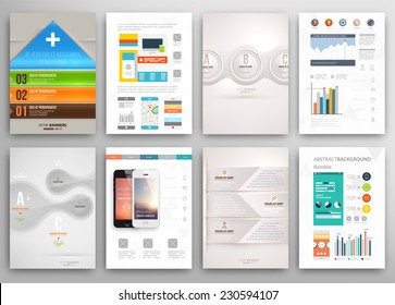 Set von Flyer, Broschüren Design-Vorlagen. Geometrische, dreieckige, abstrakte, moderne Hintergründe. Infografisches Konzept für Mobiltechnologie, Anwendungen und Online-Dienste