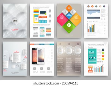 Conjunto de plantillas de diseño de folleto y folleto. Antecedentes geométricos triangulares Resumen moderno. Tecnologías móviles, aplicaciones y servicios en línea Concepto informativo