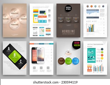 Conjunto de plantillas de diseño de folleto y folleto. Antecedentes geométricos triangulares Resumen moderno. Tecnologías móviles, aplicaciones y servicios en línea Concepto informativo