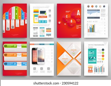 Set von Flyer, Broschüren Design-Vorlagen. Geometrische, dreieckige, abstrakte, moderne Hintergründe. Infografisches Konzept für Mobiltechnologie, Anwendungen und Online-Dienste