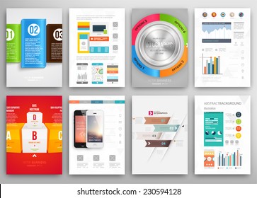 Conjunto de plantillas de diseño de folleto y folleto. Antecedentes geométricos triangulares Resumen moderno. Tecnologías móviles, aplicaciones y servicios en línea Concepto informativo