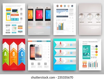 Set of Flyer, Brochure Design Templates. Geometric Triangular Abstract Modern Backgrounds. Mobile Technologies, Applications and Online Services Infographic Concept. A4 Cover Templates Collection.