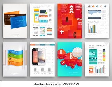 Set of Flyer, Brochure Design Templates. Geometric Triangular Abstract Modern Backgrounds. Mobile Technologies, Applications and Online Services Infographic Concept. A4 Cover Templates Collection.