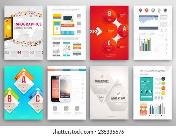 Set of Flyer, Brochure Design Templates. Geometric Triangular Abstract Modern Backgrounds. Mobile Technologies, Applications and Online Services Infographic Concept. A4 Cover Templates Collection.