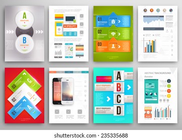 Set of Flyer, Brochure Design Templates. Geometric Triangular Abstract Modern Backgrounds. Mobile Technologies, Applications and Online Services Infographic Concept. A4 Cover Templates Collection.