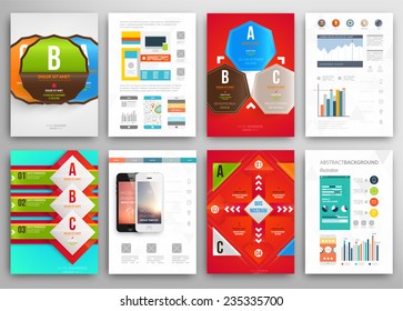 Set of Flyer, Brochure Design Templates. Geometric Triangular Abstract Modern Backgrounds. Mobile Technologies, Applications and Online Services Infographic Concept. A4 Cover Templates Collection.