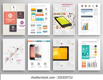 Set of Flyer, Brochure Design Templates. Geometric Triangular Abstract Modern Backgrounds. Mobile Technologies, Applications and Online Services Infographic Concept. A4 Cover Templates Collection.