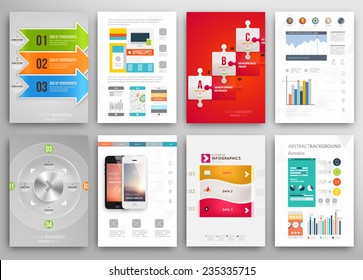 Set of Flyer, Brochure Design Templates. Geometric Triangular Abstract Modern Backgrounds. Mobile Technologies, Applications and Online Services Infographic Concept. A4 Cover Templates Collection.