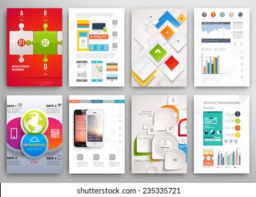 Set of Flyer, Brochure Design Templates. Geometric Triangular Abstract Modern Backgrounds. Mobile Technologies, Applications and Online Services Infographic Concept. A4 Cover Templates Collection.