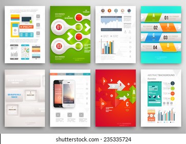 Set of Flyer, Brochure Design Templates. Geometric Triangular Abstract Modern Backgrounds. Mobile Technologies, Applications and Online Services Infographic Concept. A4 Cover Templates Collection.