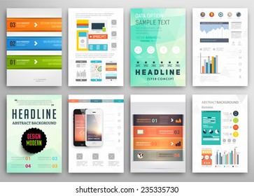 Conjunto de plantillas de diseño de folleto y folleto. Antecedentes geométricos triangulares Resumen moderno. Tecnologías móviles, aplicaciones y servicios en línea Concepto Infográfico. Colección de plantillas de portada A4.